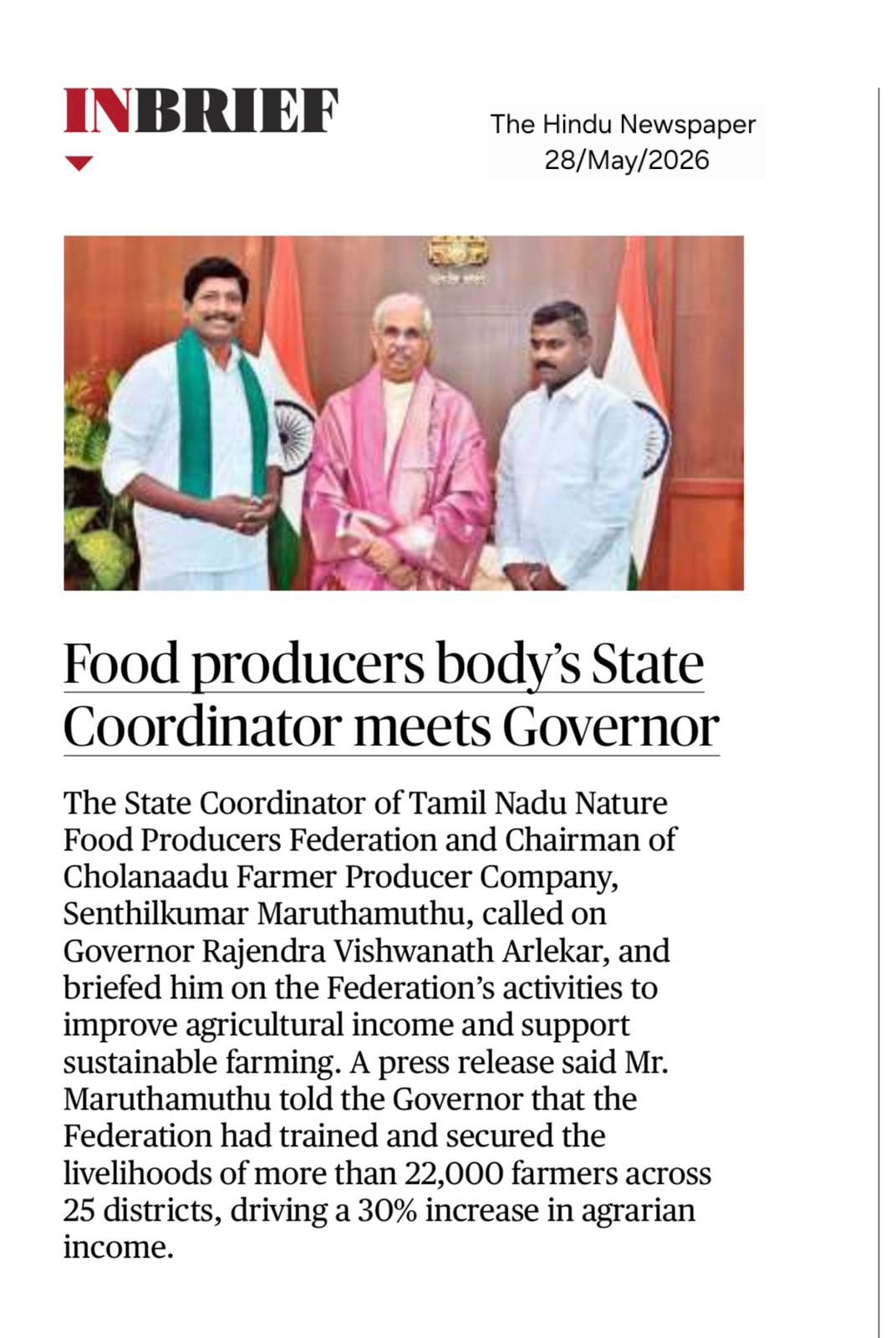 Newspaper coverage of Chola Naadu chairman Senthilkumar Maruthamuthu meeting Tamil Nadu Governor Rajendra Vishwanath Arlekar